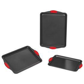 Baking Pans Set, 3-Piece, Nonstick Carbon Steel Cookware Sheets & Trays, Stackable Kitchen Oven Bakeware Cooking Sets with Silicone Handles