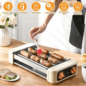 3-in-1 Electric Sausage Griller, Hot Dog Roller with BBQ Grill & Flat Griddle, 3 Temperature Levels Smokeless Indoor Outdoor Grill for Sausages,