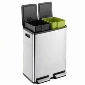 Trash Can with Lid - Large 60 Liter Stainless Steel Trash Can, Dual Compartment Plastic Inner Bucket (2 x 8 Gallon), Sealed Trash Can