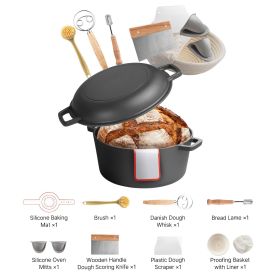 Cast Iron Dutch Oven, 2-in-1 Pre-Seasoned Pot with Skillet Lid, 5QT Cookware Pan with Proofing Basket, Bread Baking Accessories