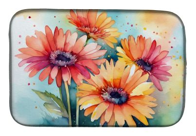Gerbera Daisies in Watercolor Dish Drying Mat Absorbent Dish Drying Mat Pad for Kitchen Counter Dish Drainer Mat for Countertop, 14 x 21", Multic