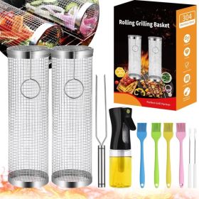 Rolling Grill Basket Grill Gifts For Men, 304 Stainless Steel, All-in-One Grilling Accessories For Vegetable Meat Food, Smoker BBQ Tools For Cook (Option: Silver)