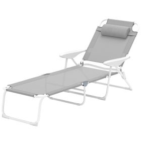 Folding Chaise Lounge, Outdoor Sun Tanning Chair, 4-Position Reclining Back, Armrests, Removable Pillow, Light Gray (Option: Gray)