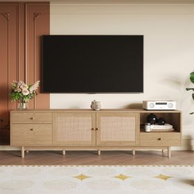Boho TV Stand For 65, 75, 85 Inch TV, Entertainment Center With Open Storage And Drawers, Modern Wood Media TV Console With Real Rattan (Option: Natural)