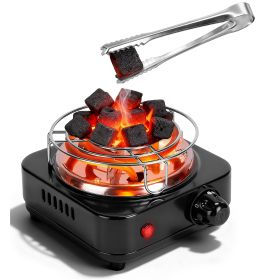 Electric Charcoal Burner 500W Hookah Charcoal Burner Compact Coal Burner for Hooka Cubes Shisha with Grill and Tongs 5 Temperature Gears 338℉-1022℉ Th (Option: Black)